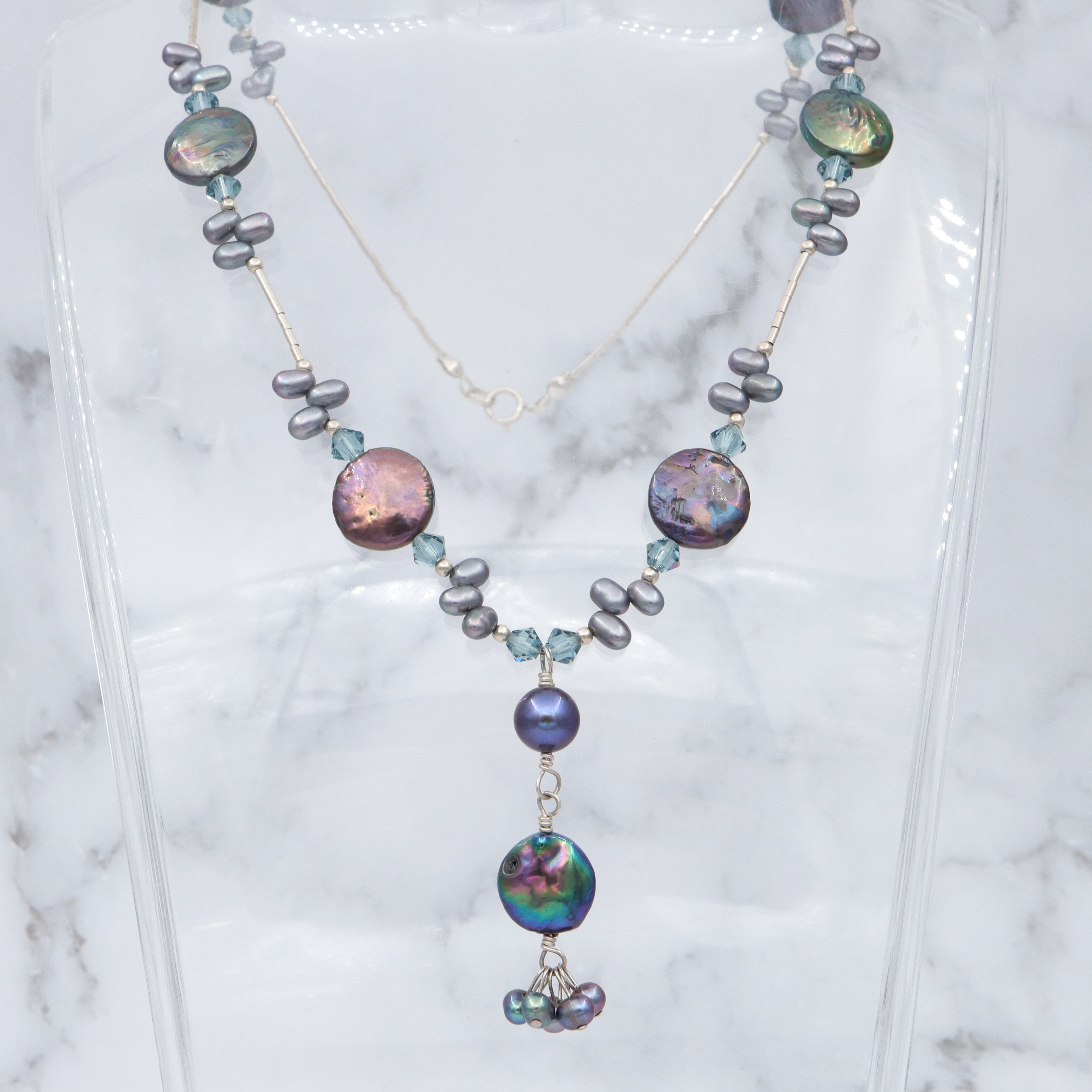 Vintage sterling blue, grey Tahitian pearl & faceted blue glass beaded drop necklace, 17"